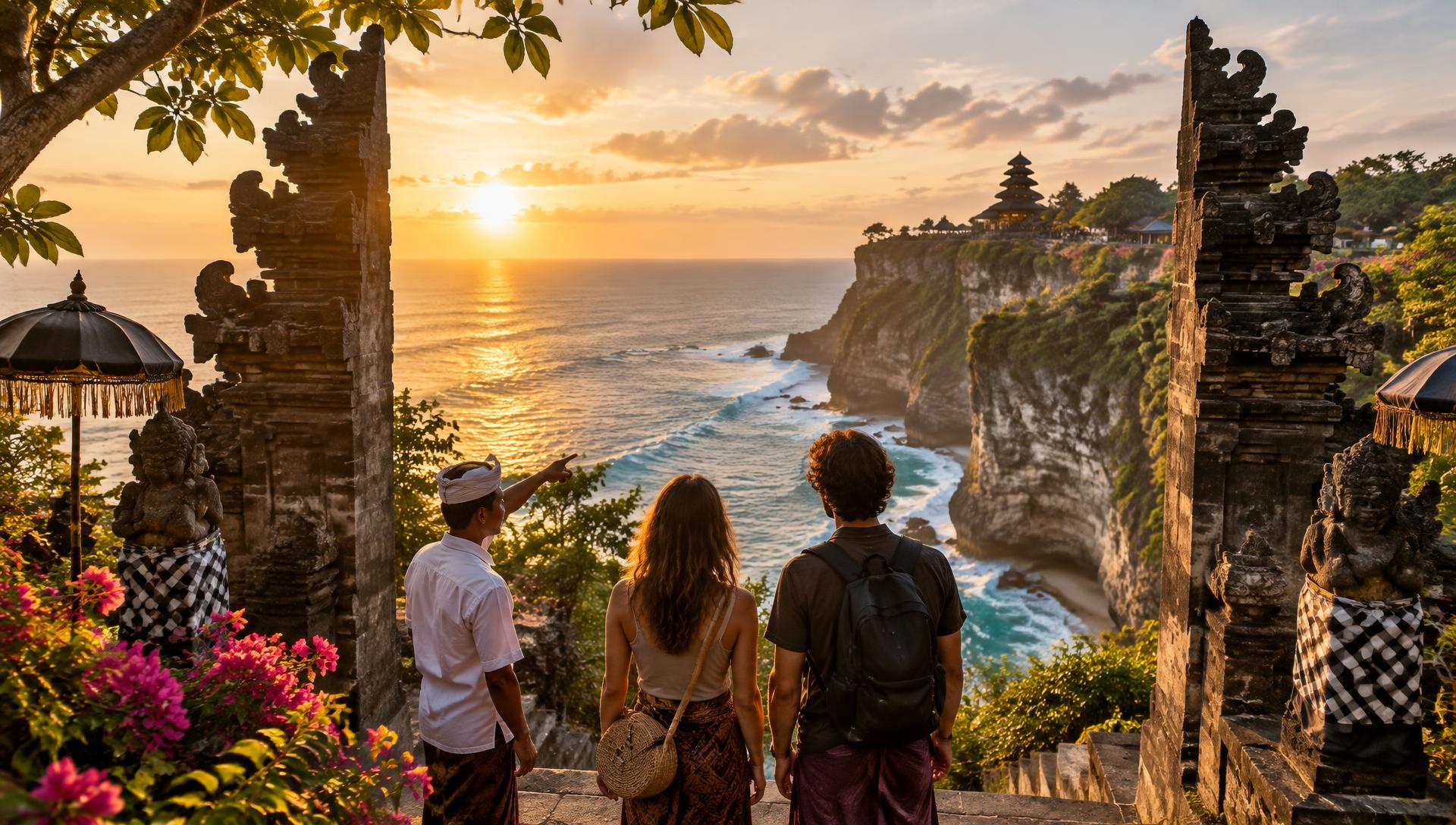 A local guide shows two travelers Bali's Uluwatu coast at sunset
